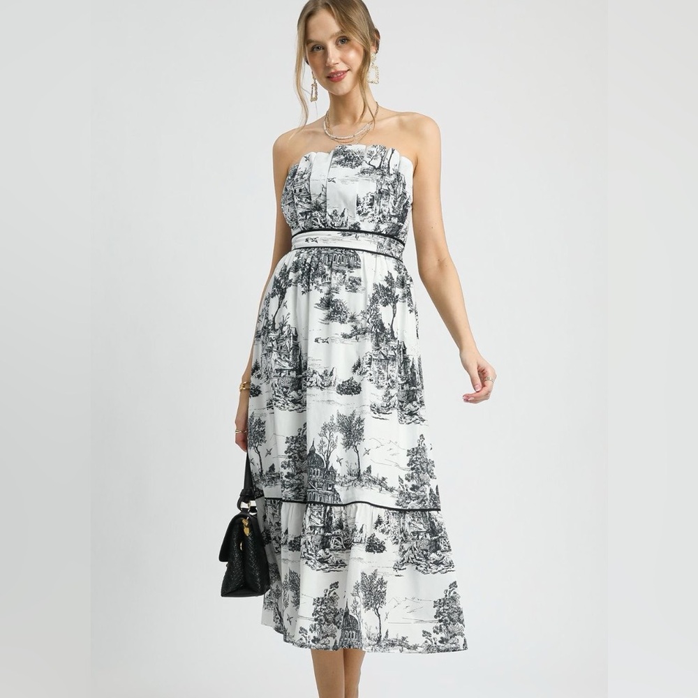 NWT Romantic Black & White Toile Strapless Midi Dress | Elegant Cottagecore |S-L